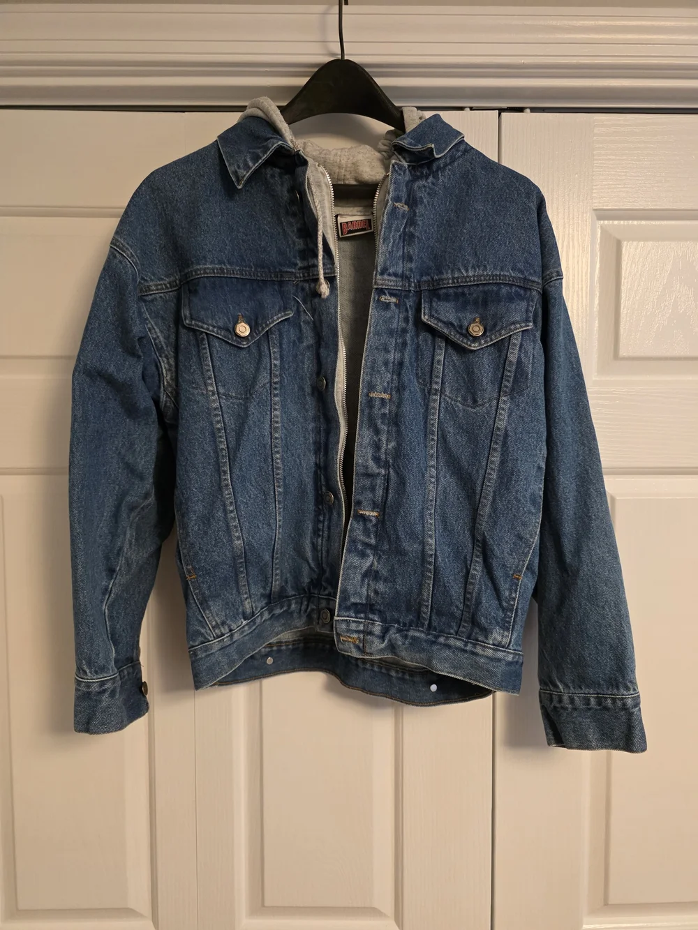 Classic Blue Denim Jacket with Gray Hood Barrel NFL New York Giants Kids Large